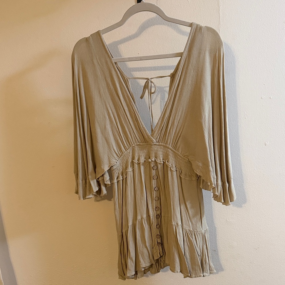 Women's Beige Mini Dress with Button Front
